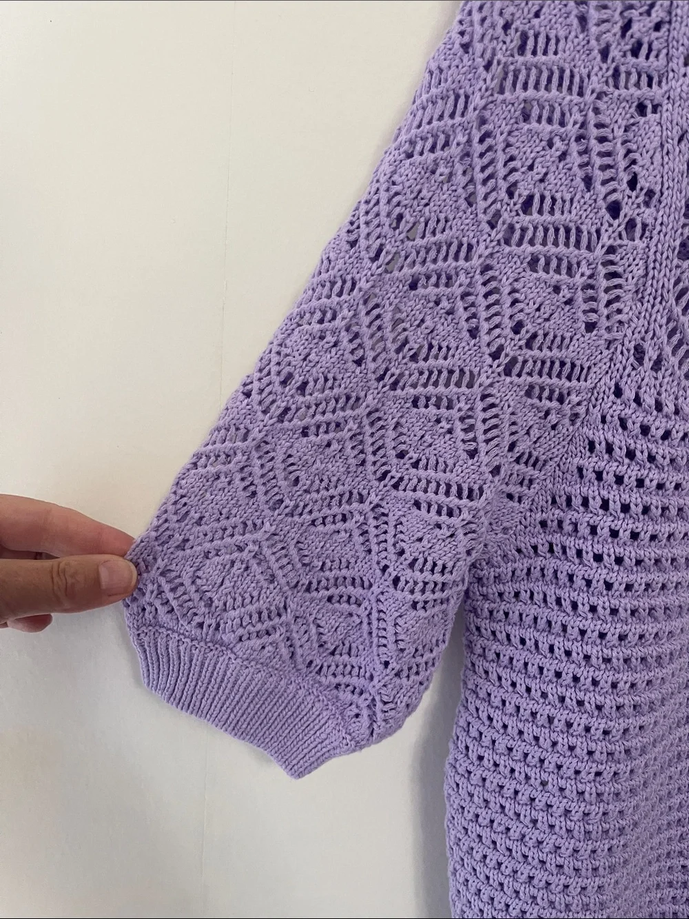 White House Black Market Lilac Puff Sleeve Pointelle Open Knit Sweater - Picture 5 of 9